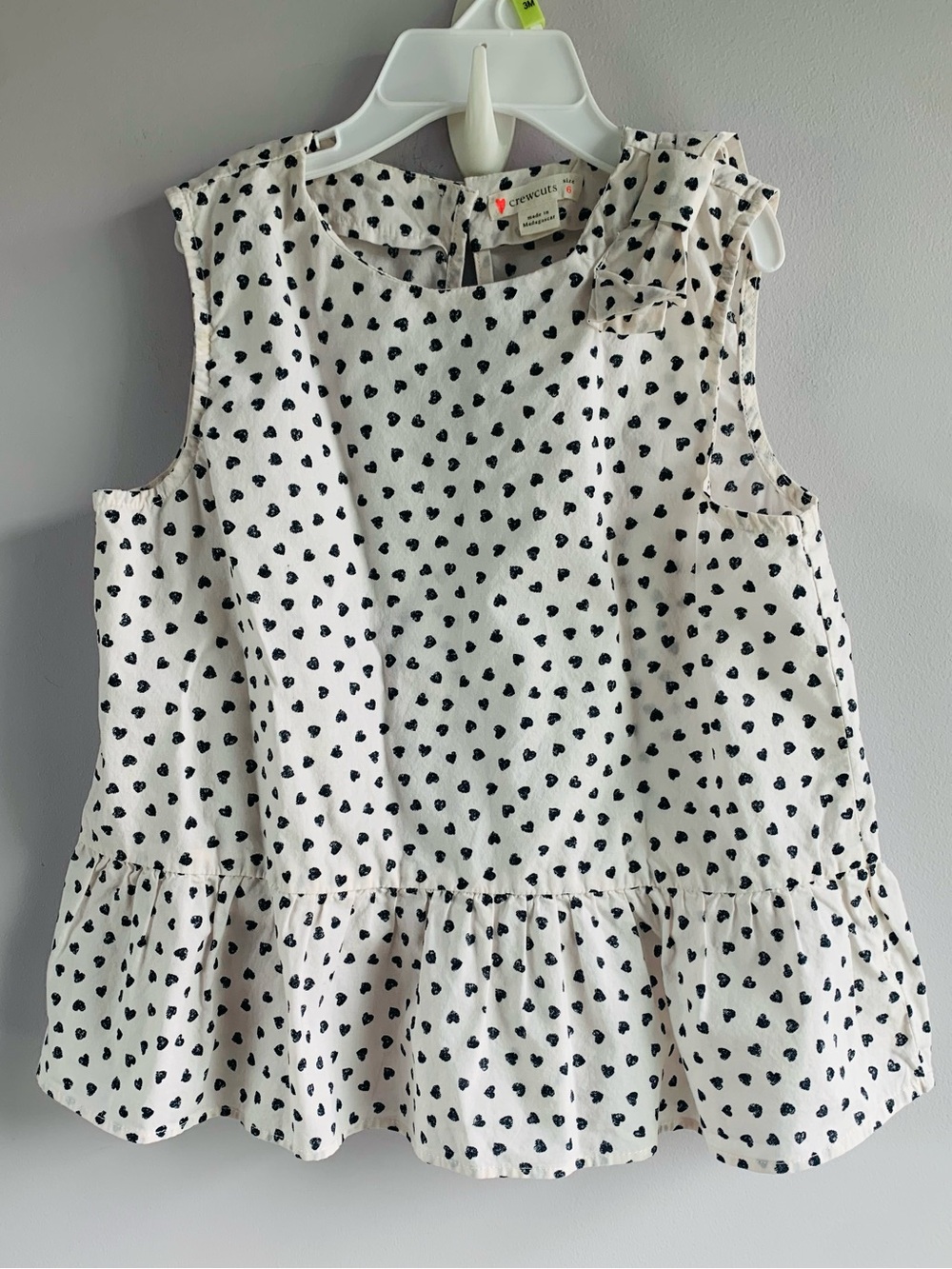 CrewCuts Cotton Top Blouse Cream Black Sleeveless Hearts Bow Ruffles EUC Girls 6